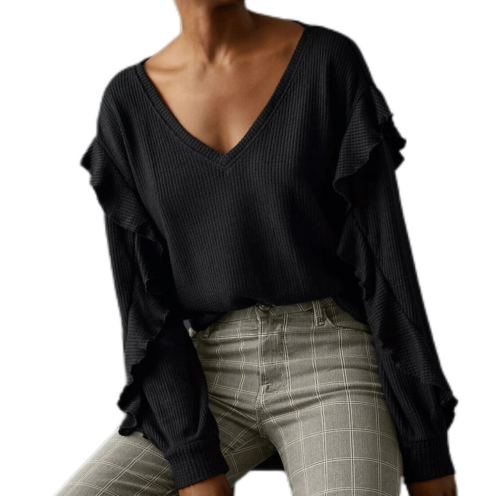Anthrpologie PILCRO Waffle Knit Thermal Long Sleeve Ruffle V-Neck shirt Black M